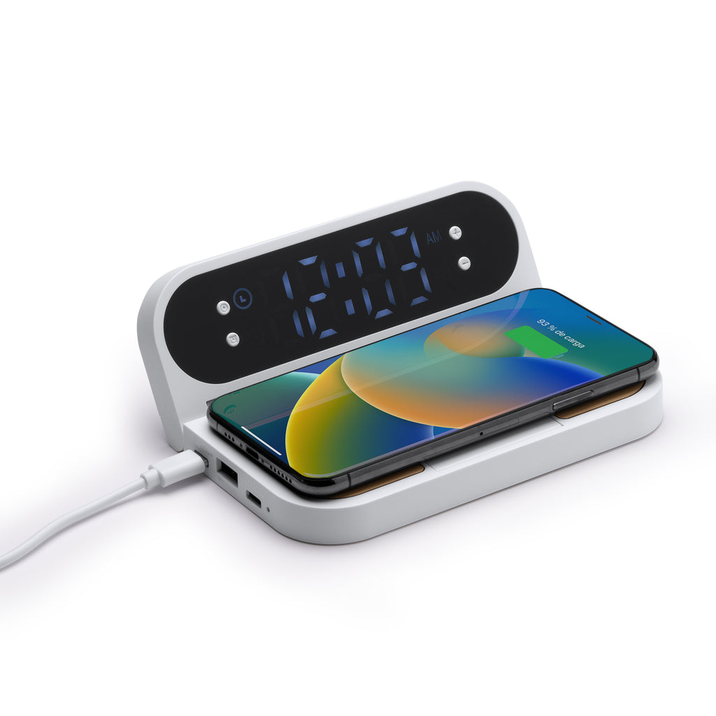 Caricabatterie Wireless in Bambù con Orologio e Sveglia da Comodino
