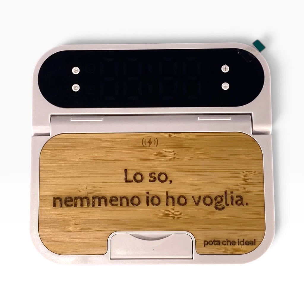 Caricabatterie Wireless in Bambù con Orologio e Sveglia da Comodino
